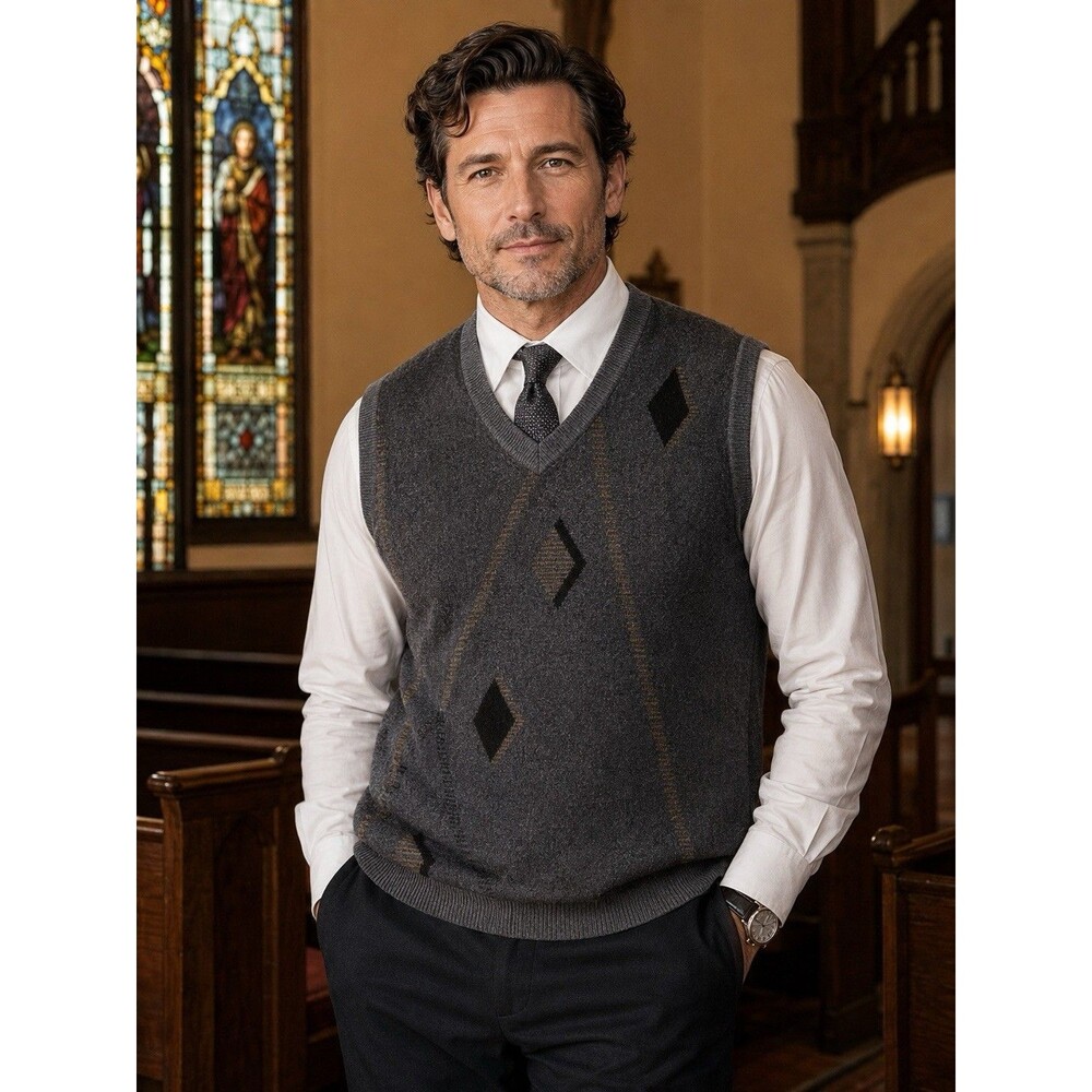 Lanzino XXL Mens Gray Sweater Vest Geometric V Neck Soft Knit Casual Pullover